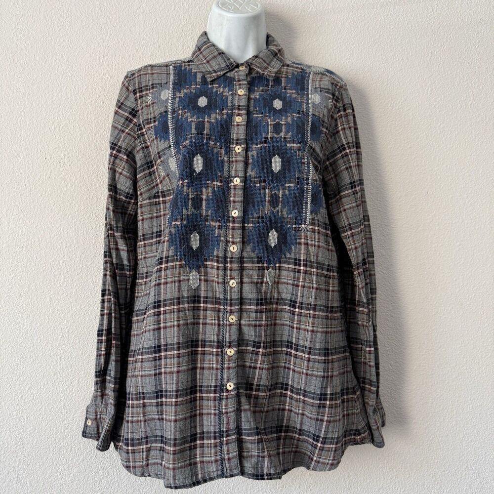 Johnny Was 3 J Workshop Plaid Embroidered Flannel Shirt S Button-Up Gray Boho